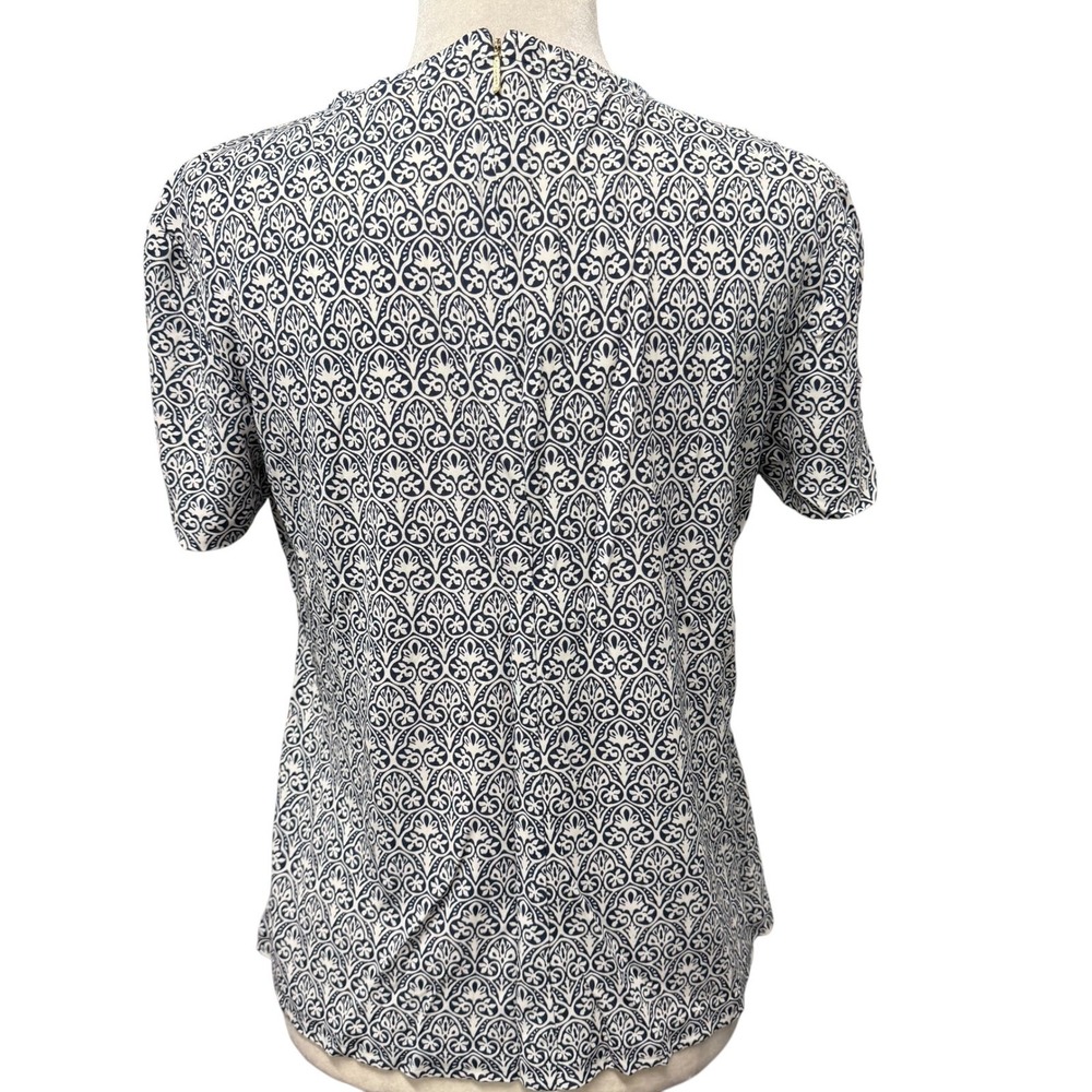 Tory Burch Top Womens M Slinky Knit Navy Damask Medallion Rayon Zip Back Blouse - Picture 2 of 11